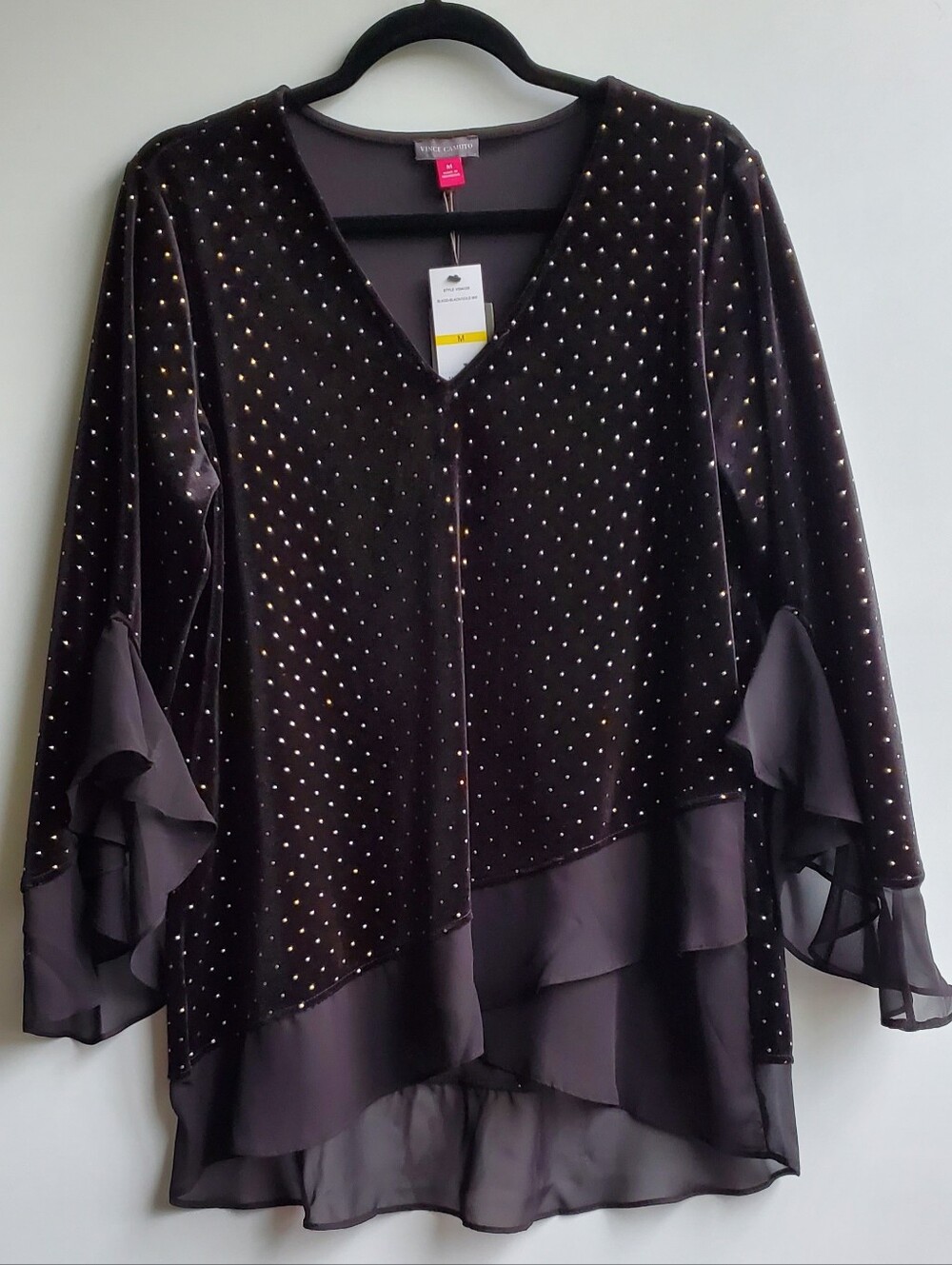 NWT Vince Camuto Velvet Layered V-Neck Blouse Black Gold Metallic Dot Top M